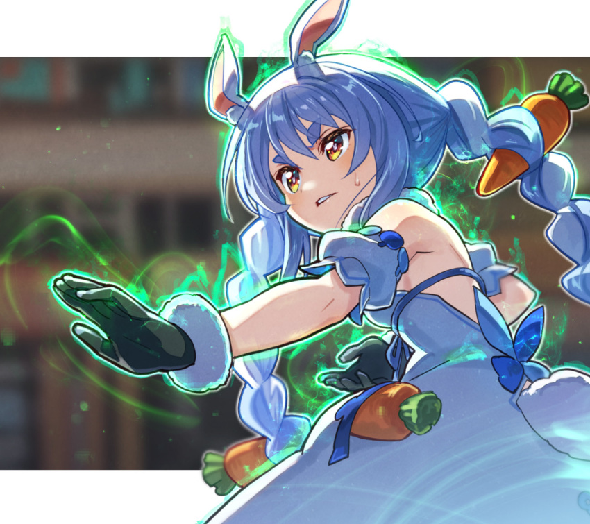 1girl animal_ear_fluff animal_ears aura bangs black_gloves blue_hair braid breasts carrot carrot_hair_ornament commentary_request detached_sleeves dress food-themed_hair_ornament gloves hair_between_eyes hair_ornament hololive letterboxed long_hair looking_away parted_lips rabbit_ears rabbit_girl rabbit_tail red_eyes sakino_shingetsu short_eyebrows short_sleeves solo tail thick_eyebrows twin_braids twintails usada_pekora v-shaped_eyebrows virtual_youtuber white_dress