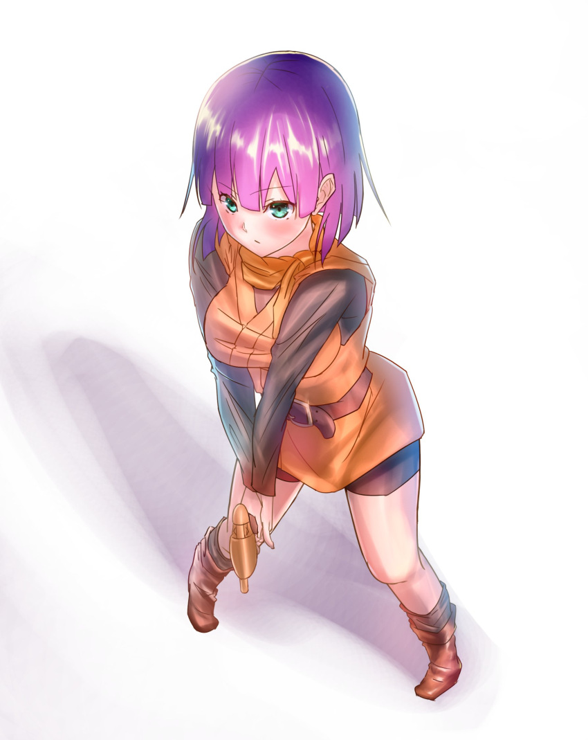 1girl belt bike_shorts blue_eyes blush breasts chrono_trigger closed_mouth glasses gun highres looking_at_viewer lucca_ashtear purple_hair scarf short_hair simple_background solo weapon white_background