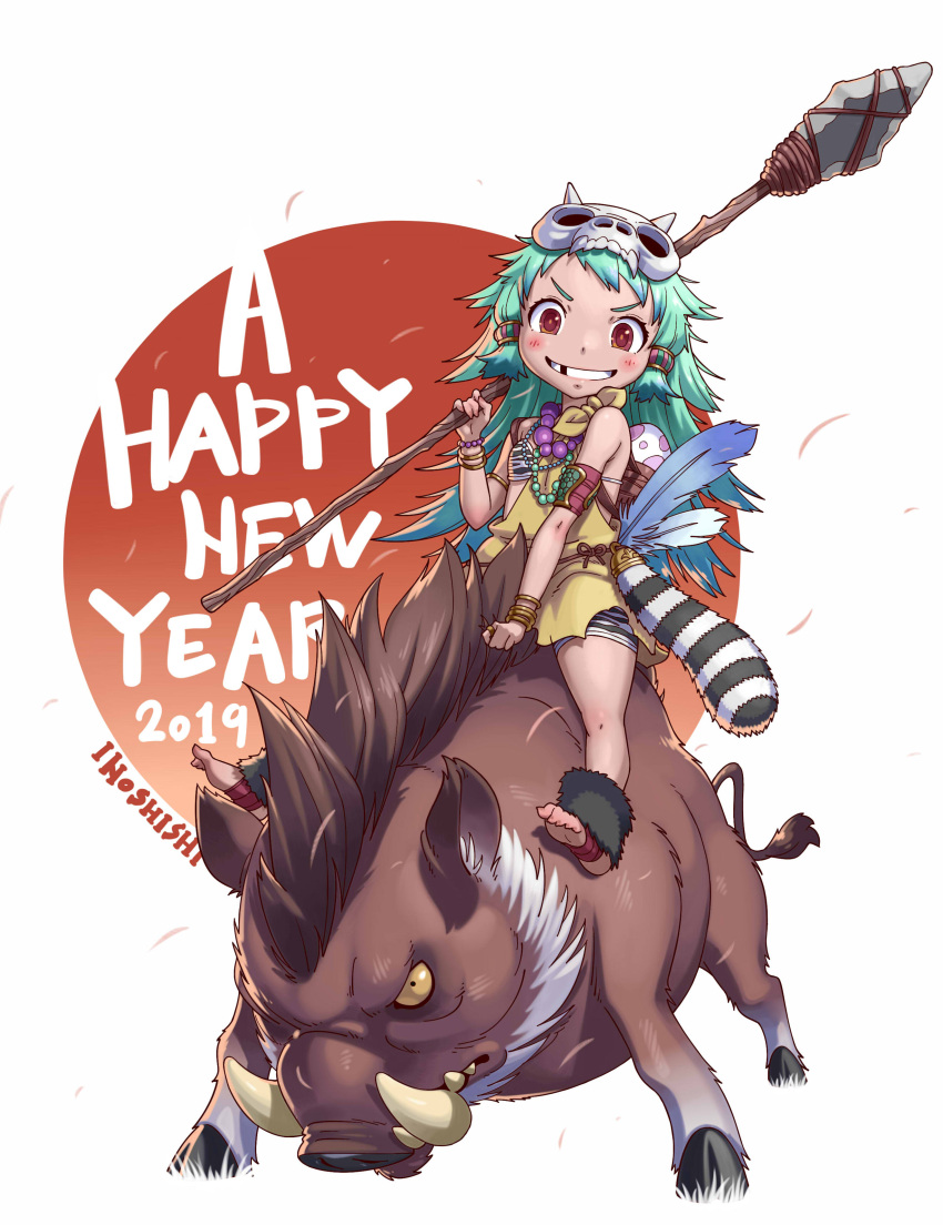 1girl 2019 absurdres atsushi barefoot boar bracelet caveman chinese_zodiac english_text feathers green_hair grin hair_ornament highres jewelry long_hair looking_at_viewer messy_hair missing_tooth necklace nengajou new_year original over_shoulder polearm prehistoric red_eyes riding skull_hair_ornament smile spear tribal tusks weapon weapon_over_shoulder white_background year_of_the_pig