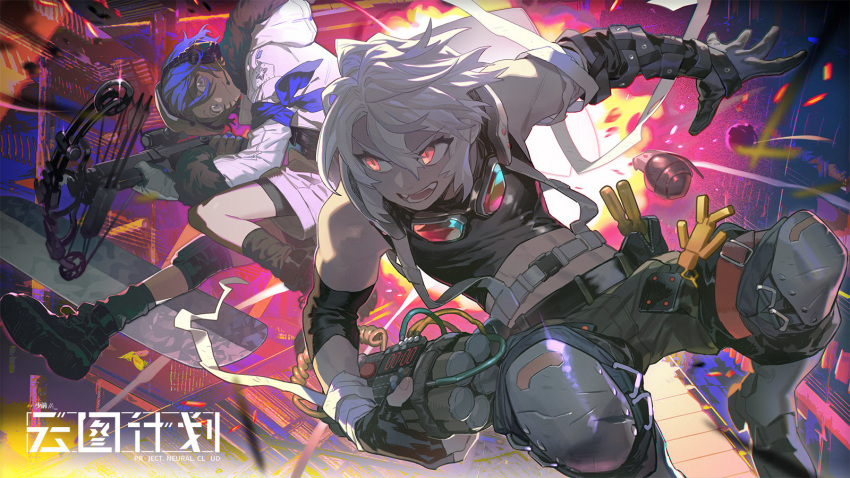 2boys abs action asymmetrical_gloves bandaged_arm bandages belt black_gloves black_shirt blue_eyes blue_hair bomb boots chinese_commentary coat commentary_request copyright_name crossbow explosive fingerless_gloves fur-trimmed_coat fur_trim girls'_frontline_neural_cloud girls_frontline gloves goggles goggles_around_neck grenade headset highres hood hood_down hooded_coat knee_pads male_focus midriff mismatched_gloves multiple_boys octogen_(girls'_frontline_nc) open_mouth pants red_eyes screwdriver shirt shishio short_hair shorts simo_(girls'_frontline_nc) sleeveless sleeveless_shirt smile snowboard white_coat white_hair