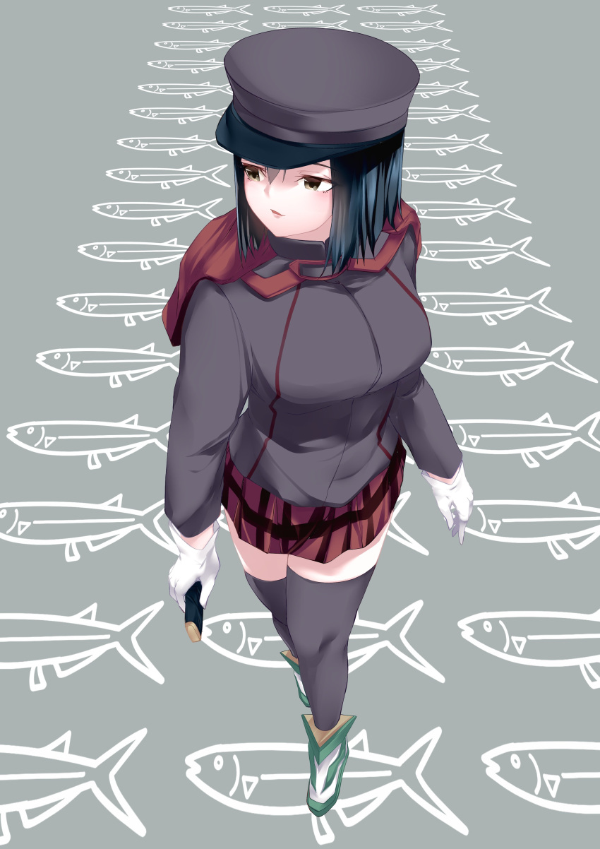 001machi 1girl absurdres akitsu_maru_(kancolle) black_eyes black_hair breasts cape commentary_request fish from_above full_body gloves grey_background grey_legwear hat highres kantai_collection large_breasts looking_to_the_side military military_hat military_uniform one-hour_drawing_challenge peaked_cap plaid plaid_skirt pleated_skirt red_skirt remodel_(kantai_collection) short_hair simple_background skirt solo thigh-highs uniform white_gloves