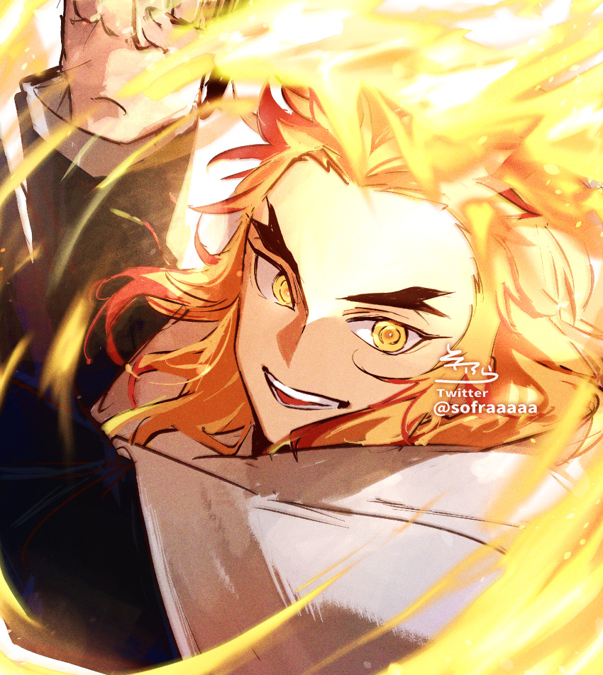 1boy absurdres arms_up black_jacket blonde_hair cloak fire forehead highres huge_filesize jacket kimetsu_no_yaiba long_sleeves male_focus multicolored_hair open_mouth redhead rengoku_kyoujurou signature sofra solo thick_eyebrows twitter_username two-tone_hair upper_body upper_teeth white_cloak yellow_eyes