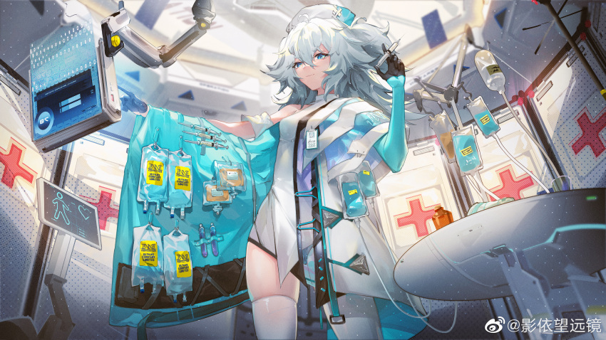 1girl absurdres bangs black_gloves black_panties blue_eyes breasts chinese_commentary commentary_request cowboy_shot girls'_frontline_neural_cloud girls_frontline gloves hair_between_eyes half_gloves hat highres id_card intravenous_drip messy_hair monitor nurse_cap pa-15_(girls'_frontline) panties see-through small_breasts smile solo syringe thigh-highs underwear white_hair white_legwear ying_yi