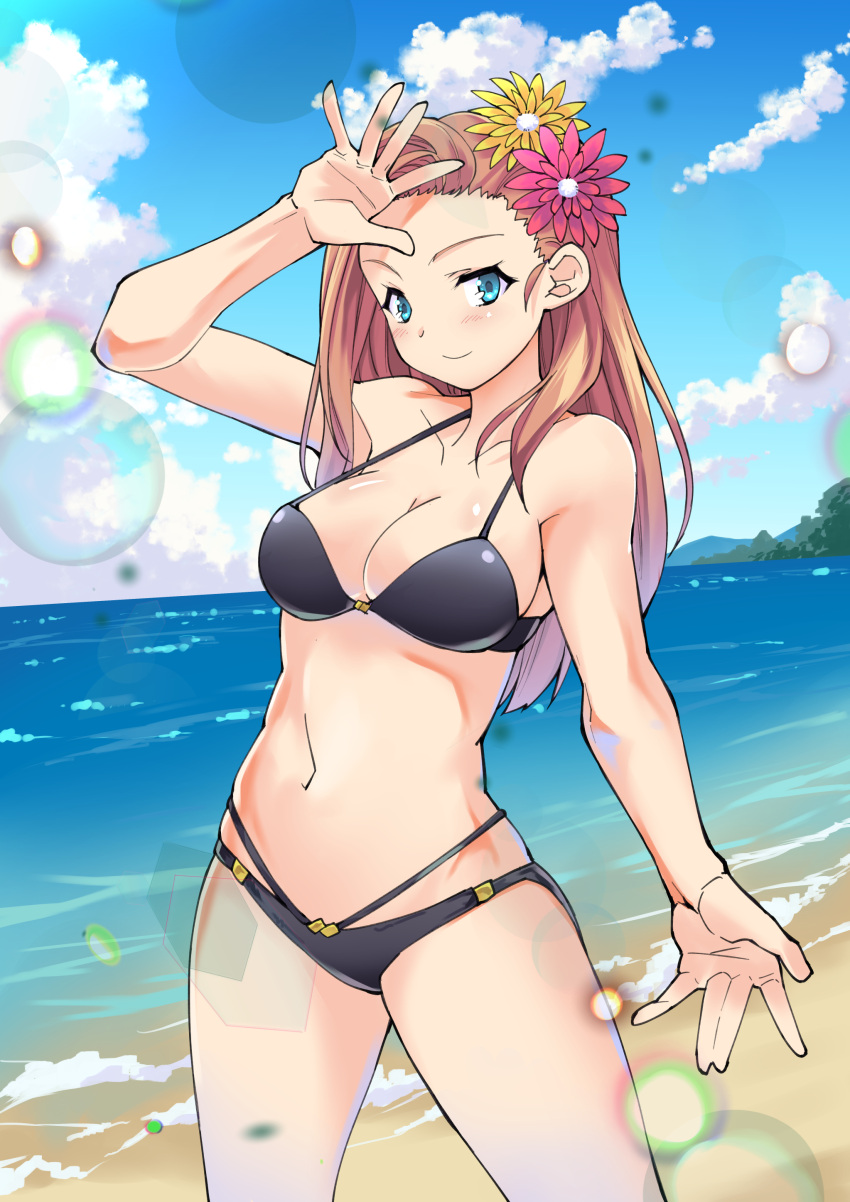 1girl absurdres beach bikini black_bikini blue_eyes blue_sky breasts brown_hair clouds collarbone flower hair_flower hair_ornament highres koyashi24 large_breasts long_hair navel ocean original sky smile solo swimsuit