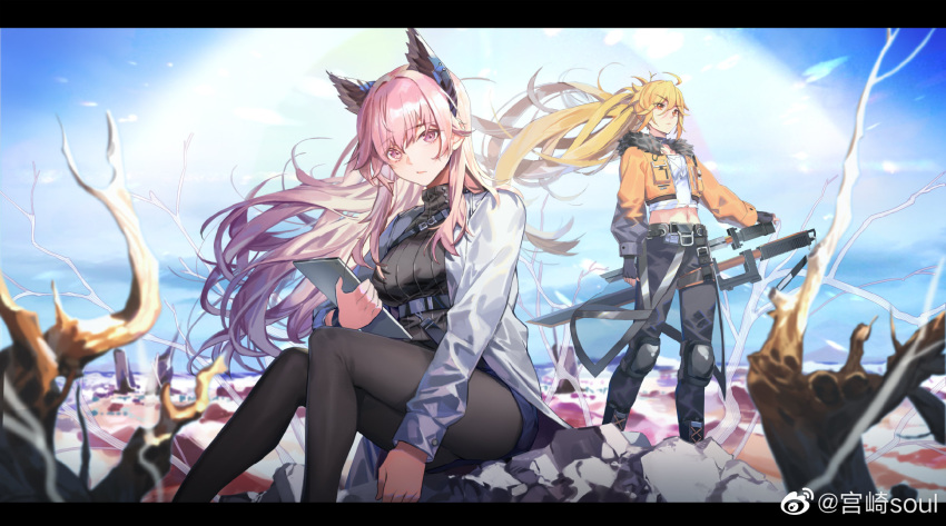 2girls ahoge animal_ears blonde_hair breasts chinese_commentary commentary_request extra_ears fingerless_gloves fur_collar girls'_frontline_neural_cloud girls_frontline gloves highres holding holding_tablet_pc jacket jewelry knee_pads labcoat large_breasts letterboxed long_hair long_sleeves looking_at_viewer midriff miyazaki_byou multiple_girls navel necklace open_clothes open_jacket orange_jacket outdoors pants pantyhose persicaria_(girls'_frontline_nc) pink_eyes pink_hair red_eyes ribbed_sweater sheath sheathed shirt sitting sky small_breasts sol_(girls'_frontline_nc) sweater sword tablet_pc very_long_hair weapon weibo_username white_shirt yellow_jacket