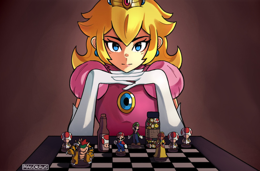 1girl absurdres actor_connection anya_taylor-joy artist_name bangs blonde_hair bottle bowser chessboard dress earrings fire_flower gloves hair_behind_ear highres jewelry long_hair looking_at_viewer luigi mag_(magdraws) mario mushroom parody pink_dress princess_daisy princess_peach solo starman_(mario) super_mario_bros. super_mario_bros._(2022_film) the_queen's_gambit toad_(mario) white_gloves