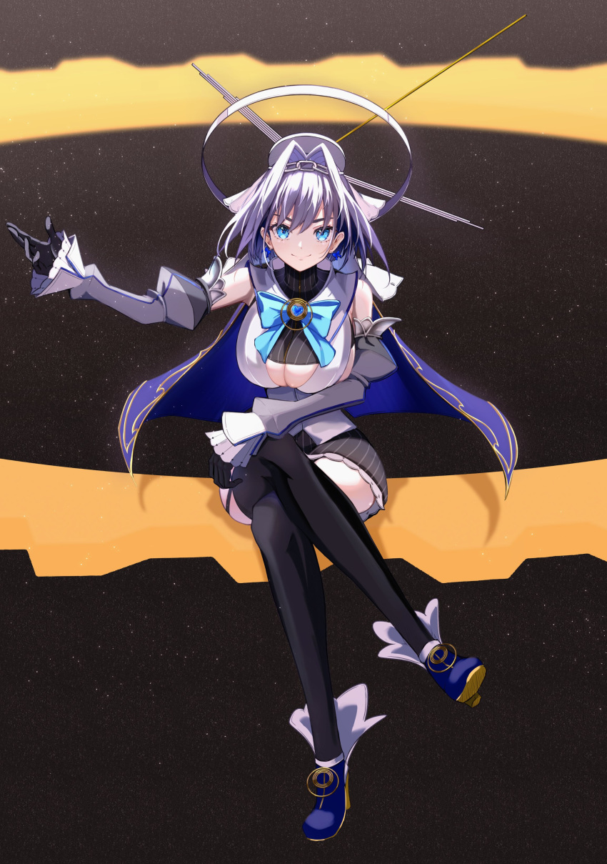 1girl absurdres black_gloves blue_eyes blue_hair bow breasts cape crossed_legs detached_sleeves gears gloves highres hololive hololive_english large_breasts mechanical_halo ouro_kronii sitting skirt smile sora_shitatoge starry_background striped striped_skirt thigh-highs virtual_youtuber