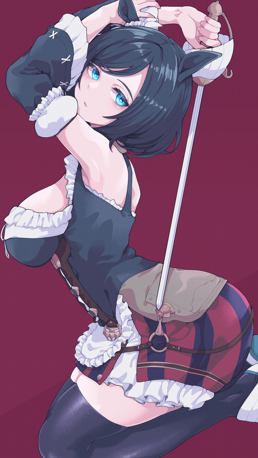 1girl absurdres animal_ears black_hair black_legwear blue_eyes blue_skirt breasts detached_sleeves eishin_flash_(umamusume) highres holding holding_sword holding_weapon horse_ears horse_girl huge_filesize kneeling large_breasts looking_at_viewer no_tail red_background red_skirt short_hair simple_background skirt solo striped sword thigh-highs thighs tokufumi two-tone_skirt umamusume vertical-striped_skirt vertical_stripes weapon zettai_ryouiki