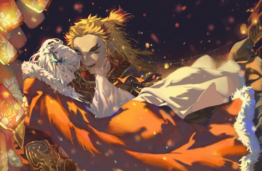 1boy 1girl :d blonde_hair cape closed_eyes couple fur-trimmed_cape fur_trim hand_on_another's_cheek hand_on_another's_face hetero highres hitotaba kimetsu_no_yaiba long_hair multicolored_hair one_side_up open_mouth orange_cape original redhead rengoku_kyoujurou silver_hair smile two-tone_hair