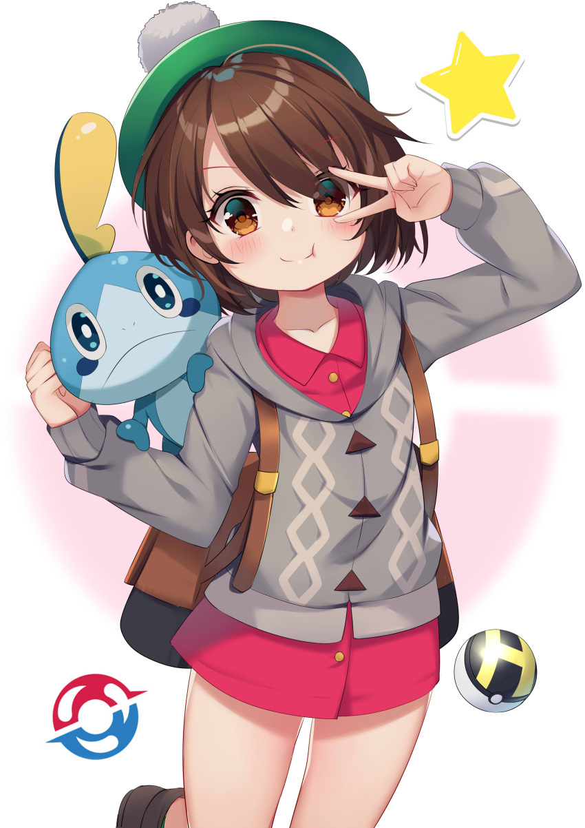 1girl :t absurdres backpack bag blush bob_cut brown_bag brown_eyes brown_hair buttons cable_knit cardigan clenched_hand closed_mouth collared_dress commentary dress gloria_(pokemon) green_headwear grey_cardigan hat highres hooded_cardigan ikazu401 looking_at_viewer pink_dress poke_ball pokemon pokemon_(creature) pokemon_(game) pokemon_swsh short_hair smile sobble star_(symbol) tam_o'_shanter ultra_ball v
