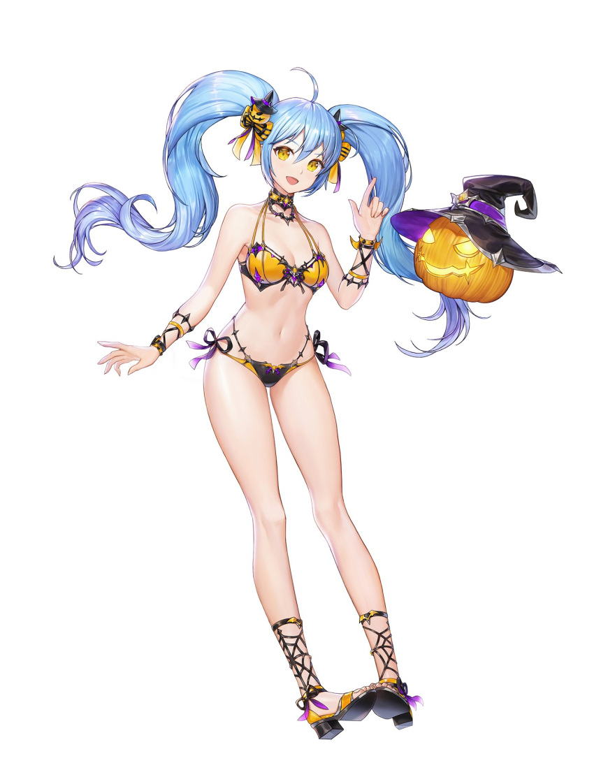 1girl :d ahoge bare_shoulders bikini black_bikini blue_hair bow bracelet breasts choker full_body hair_bow halloween halter_top halterneck hand_up hat highleg highleg_bikini highres jack-o'-lantern jewelry king's_raid layered_bikini long_hair looking_at_viewer medium_breasts multi-strapped_bikini navel official_art open_mouth sandals side-tie_bikini simple_background smile solo sonia_(king's_raid) stomach string_bikini swimsuit thighs twintails white_background witch_hat yellow_bikini yellow_eyes