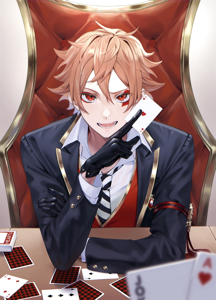 1boy absurdres ace_trappola bangs black_gloves black_jacket card club_(shape) diamond_(shape) eyeliner facial_mark gloves heart highres holding holding_card jacket joker_(card) looking_at_viewer makeup male_focus necktie night_raven_college_uniform open_mouth orange_hair playing_card pommm_pomemen04 red_eyes red_vest school_uniform shirt short_hair sitting smile solo spade_(shape) teeth twisted_wonderland vest white_shirt