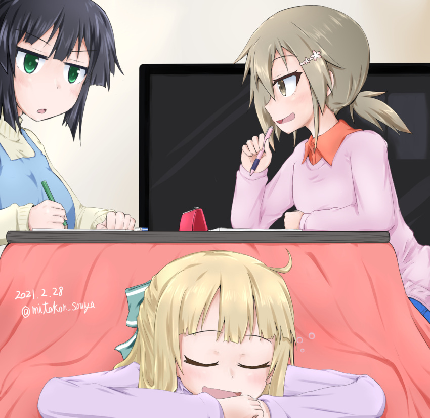 3girls bangs black_hair blunt_bangs brown_eyes brown_hair collared_shirt dated eraser green_eyes hair_ornament hairclip holding holding_pencil indoors kirino_souya kotatsu minowa_gin multiple_girls nogi_sonoko notebook open_mouth pencil pink_sweater ponytail shirt sleeping studying sweater table television twitter_username washio_sumi washio_sumi_wa_yuusha_de_aru yuuki_yuuna_wa_yuusha_de_aru:_hanayui_no_kirameki yuusha_de_aru