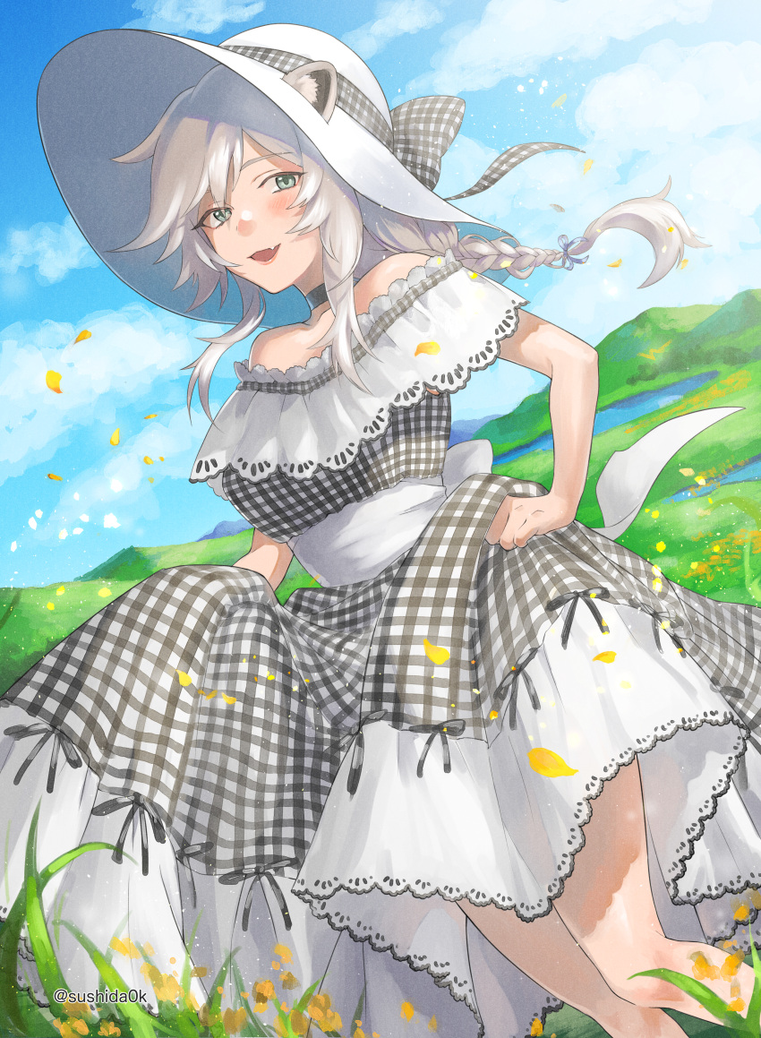 1girl absurdres alternate_costume animal_ears bangs bare_shoulders black_choker black_dress bow braid checkered checkered_bow checkered_dress choker clouds day dress ears_through_headwear field french_braid grey_eyes grey_hair hair_between_eyes hat highres holding holding_clothes holding_dress hololive huge_filesize lace-trimmed_dress lace_trim lion_ears lion_girl long_hair looking_at_viewer off-shoulder_dress off_shoulder open_mouth outdoors shishiro_botan sidelocks sky smile solo sun_hat sushida0k twitter_username two-tone_dress virtual_youtuber white_dress white_headwear wind