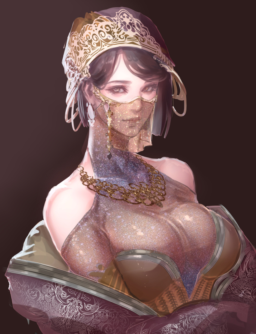1girl bangs bare_shoulders black_background black_hair breasts brown_eyes closed_mouth commentary_request dress earrings gold_trim hair_ornament highres jewelry kaburagi_yasutaka large_breasts loincloth looking_at_viewer mouth_veil necklace original see-through shiny shiny_clothes simple_background sleeveless solo turtleneck upper_body
