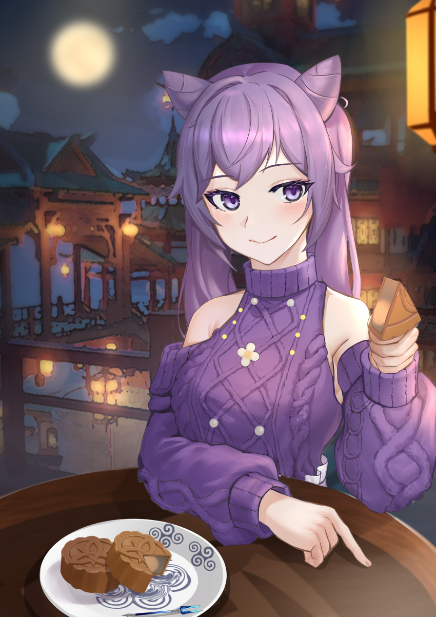 1girl absurdres bare_shoulders breasts building double_bun flower food full_moon genshin_impact hair_flower hair_ornament highres keqing_(genshin_impact) lantern long_sleeves looking_at_viewer medium_breasts mid-autumn_festival moon mooncake night night_sky plate purple_sweater round_table sky smile sweater twintails ying_fa