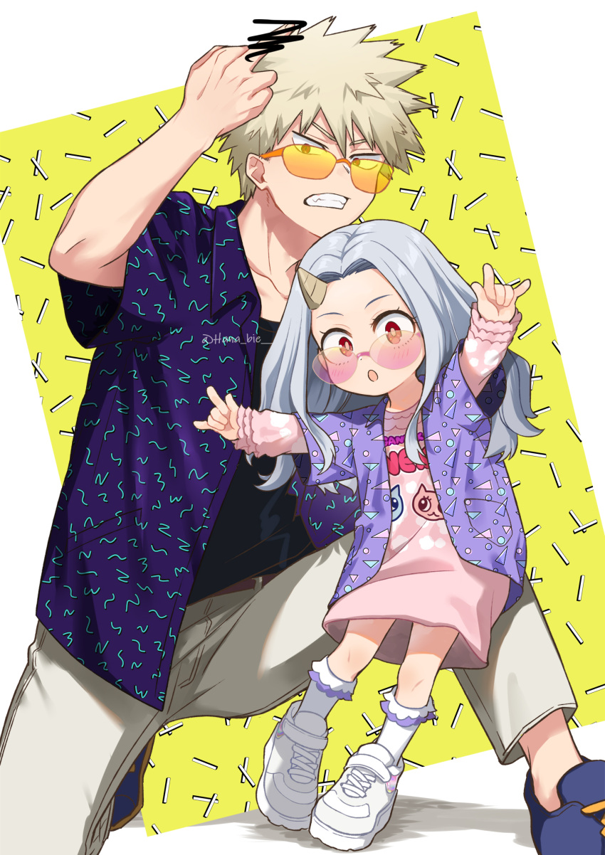 1boy 1girl :o bakugou_katsuki blonde_hair boku_no_hero_academia censored_gesture child clenched_teeth dress eri_(boku_no_hero_academia) glasses grey_hair hana_bie hands_up highres horns jacket long_hair looking_at_viewer middle_finger open_clothes open_jacket open_mouth pants pink_dress purple_jacket red_eyes shoes short_hair simple_background single_horn spiky_hair squatting teeth twitter_username white_pants