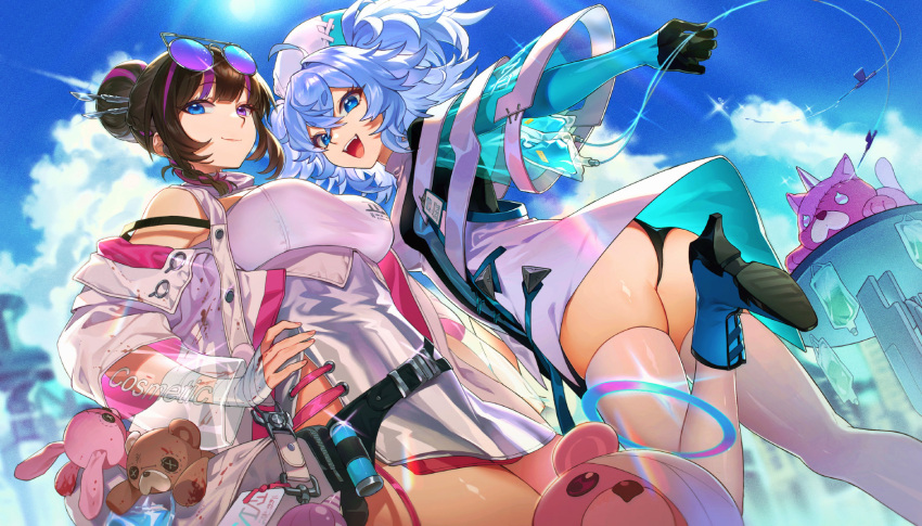 2girls ass bag bandaged_arm bandages bangs black_panties blue_eyes braid breasts brown_hair chinese_commentary clouds cloudy_sky commentary_request dutch_angle eyewear_on_head girls'_frontline_neural_cloud girls_frontline hair_between_eyes hair_bun hand_on_hip hat heterochromia high_heels highres intravenous_drip large_breasts leg_up looking_at_viewer messy_hair multicolored_hair multiple_girls nurse_cap off_shoulder open_mouth outdoors pa-15_(girls'_frontline) panties purple_hair qin_(7833198) scalpel shoulder_bag sky smile streaked_hair stuffed_animal stuffed_bunny stuffed_toy sunglasses teddy_bear thigh-highs tinted_eyewear twintails underwear vee_(girls'_frontline_nc) violet_eyes white_legwear
