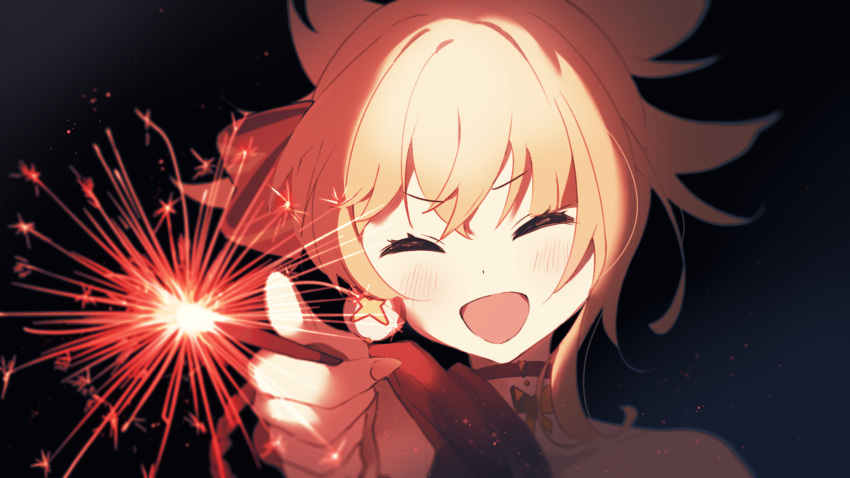 1girl ^_^ ^o^ absurdres black_background blonde_hair blush choker closed_eyes earrings fireworks genshin_impact highres japanese_clothes jewelry kika_l kimono looking_at_viewer open_mouth simple_background smile sparkler yoimiya_(genshin_impact)