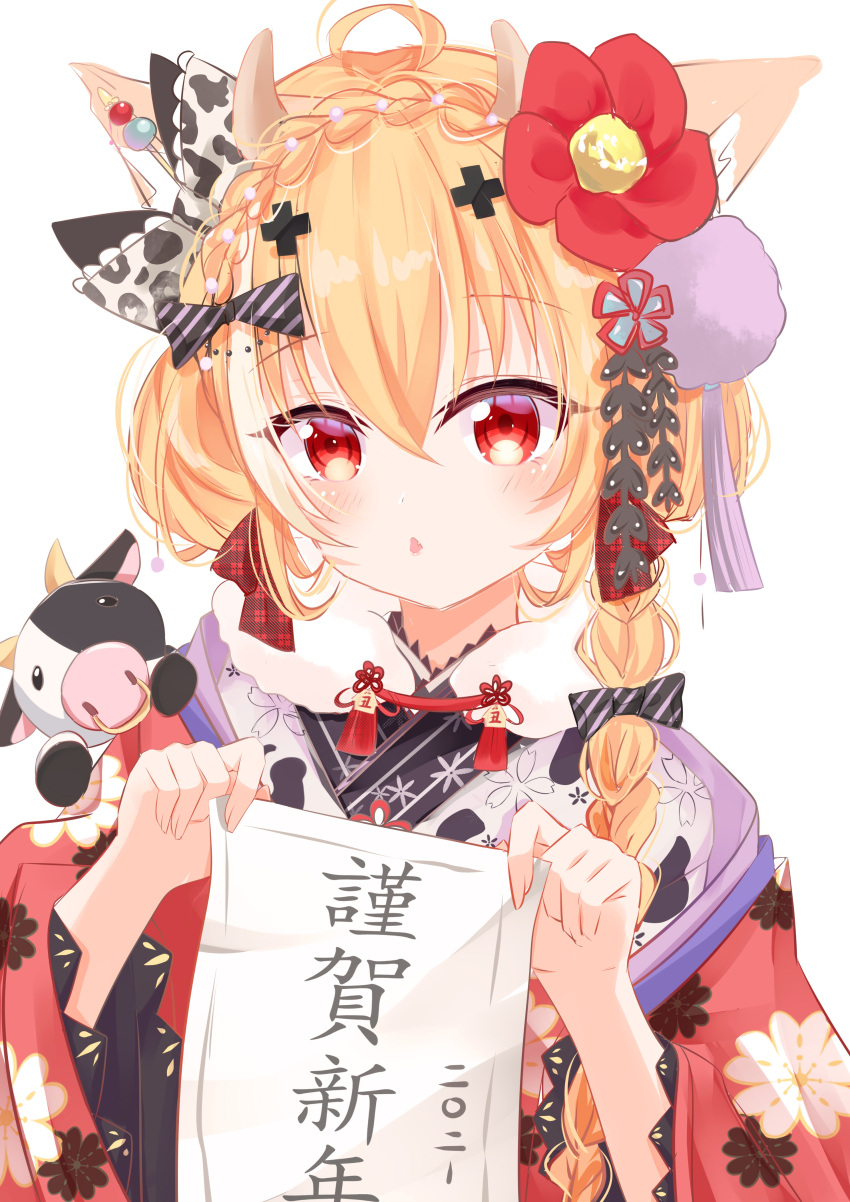 1girl :o absurdres ahoge animal blonde_hair bow braid chinese_zodiac eyebrows_visible_through_hair eyelashes floral_print flower hair_between_eyes hair_bow hair_flower hair_ornament hands_up happy_new_year highres holding holding_paper japanese_clothes kimono medium_hair multicolored_hair nengajou new_year open_mouth original paper red_eyes red_kimono shimo_shiina simple_background streaked_hair tassel two-tone_hair upper_body white_background year_of_the_ox