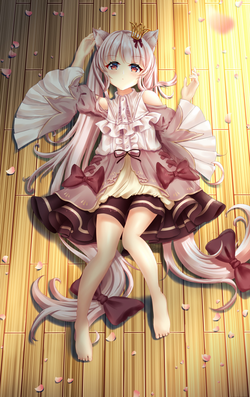 1boy absurdres animal_ear_fluff animal_ears arm_up auiy barefoot blush bow cherry_blossoms dress dress_bow full_body hair_bow hair_ornament highres long_hair low-tied_long_hair lying nanaha_rui on_back otoko_no_ko red_eyes twintails virtual_youtuber wactor_production wide_sleeves