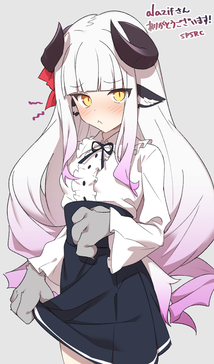 1girl :&lt; absurdres animal_ears animal_hands baphomet_(monster_girl_encyclopedia) black_neckwear black_ribbon black_skirt blush bow closed_mouth commission cowboy_shot dot_nose embarrassed fewer_digits grey_background high-waist_skirt highres horn_bow horn_ornament horns liselotte_(alazif) long_sleeves looking_at_viewer monster_girl_encyclopedia neck_ribbon original red_bow ribbon second-party_source sheep_ears sheep_horns shirt simple_background skirt skirt_grab slit_pupils smile solo standing supershiruco white_shirt wide_sleeves yellow_eyes