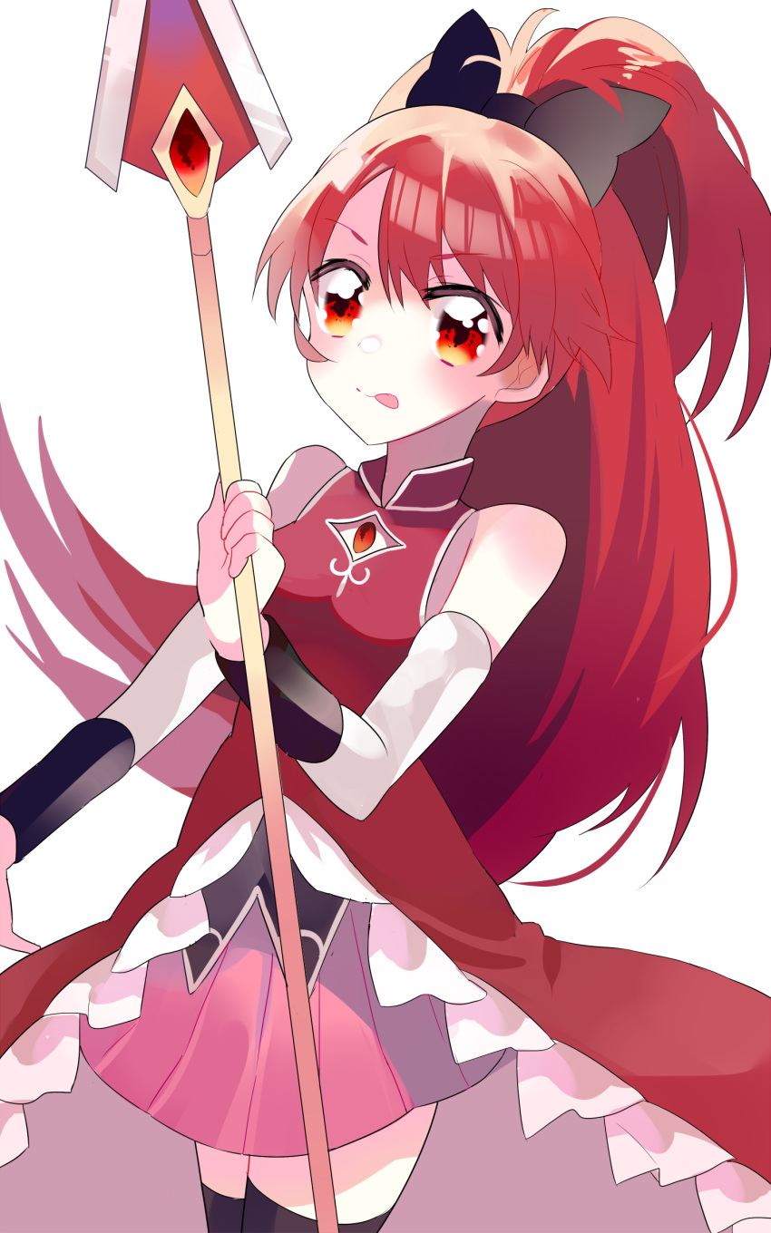 1girl absurdres bangs bare_shoulders black_bow black_legwear bow chaa_(nbcha_) commentary_request detached_sleeves dress eyebrows_visible_through_hair hair_between_eyes hair_bow highres holding holding_polearm holding_spear holding_weapon long_hair mahou_shoujo_madoka_magica pink_skirt pleated_skirt polearm ponytail red_dress red_eyes redhead sakura_kyouko skirt sleeveless sleeveless_dress solo spear thigh-highs tongue tongue_out very_long_hair weapon white_background zettai_ryouiki