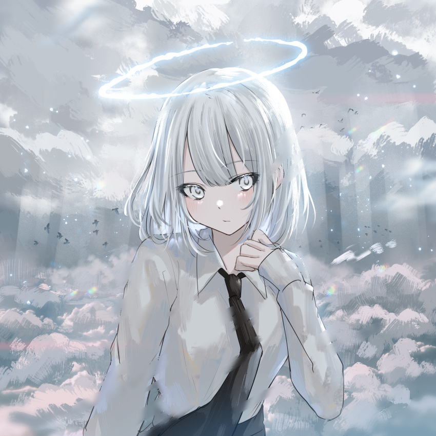 1girl absurdres akky_(akimi1127) bangs black_neckwear black_skirt clouds cloudy_sky collared_shirt commentary_request eyebrows_visible_through_hair grey_eyes grey_hair halo hand_up highres huge_filesize long_sleeves looking_at_viewer necktie original shirt skirt sky sleeves_past_wrists solo white_shirt