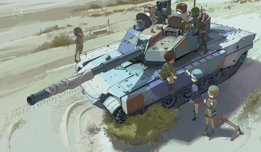 6+girls commentary_request dated day full_body ground_vehicle hat helmet highres long_sleeves military military_hat military_helmet military_uniform military_vehicle motor_vehicle multiple_girls original outdoors scenery shadow sitting standing tank uniform vehicle_request zhongye_yu