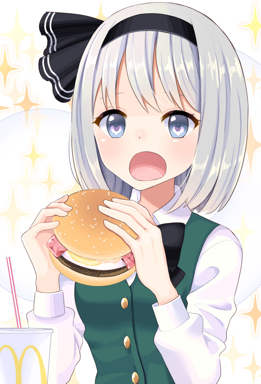 1girl absurdres bangs black_bow black_hairband black_neckwear blue_eyes bow bowtie breasts burger buttons collar collared_shirt cup dress drink eyebrows_visible_through_hair food green_dress grey_eyes hairband hands_up heart heart-shaped_pupils highres konpaku_youmu long_sleeves looking_to_the_side mcdonald's medium_breasts open_mouth puffy_long_sleeves puffy_sleeves shirt short_hair silver_hair sitting solo star_(symbol) starry_background stigma1101 symbol-shaped_pupils touhou white_background white_shirt white_sleeves