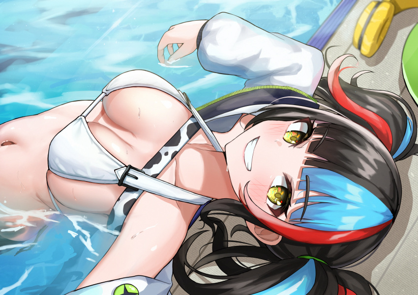 1girl bikini black_hair blue_hair boo_iro breasts fate/grand_order fate_(series) headphones headphones_removed highres jacket long_sleeves medium_breasts multicolored_hair navel pool redhead sei_shounagon_(fate) sei_shounagon_(swimsuit_berserker)_(fate) smile streaked_hair swimsuit twintails white_bikini white_jacket