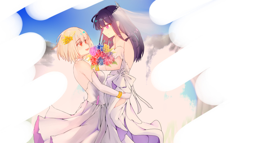 2girls black_hair blonde_hair blue_sky bridal_gauntlets bridal_veil bride day dress flower hair_flower hair_ornament highres inoue_takina lifting_person long_hair looking_at_another lycoris_recoil multiple_girls nishikigi_chisato open_mouth outdoors short_hair sky smile teeth tudili upper_teeth veil violet_eyes wedding wedding_dress wife_and_wife yuri