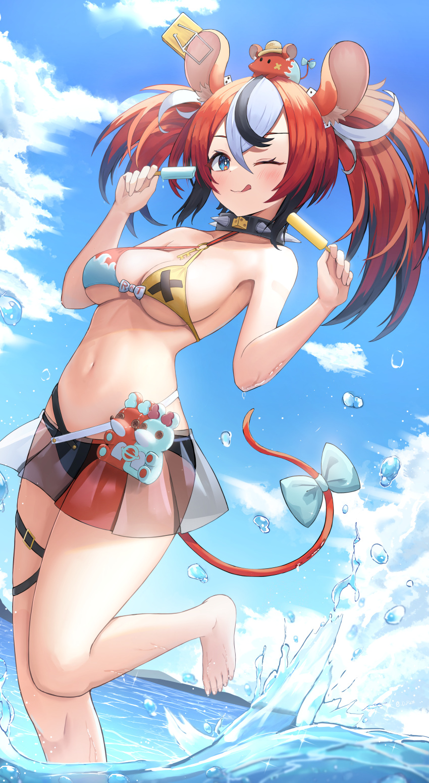 1girl ;p absurdres adapted_costume animal_ears bare_arms bare_shoulders barefoot bikini black_hair blue_eyes blue_sky bow breasts collar collarbone day dice_hair_ornament doham feet food hair_ornament hakos_baelz highres holding hololive hololive_english huge_filesize in_water leg_up mouse_ears mouse_girl mouse_tail mousetrap mr._squeaks_(hakos_baelz) multicolored_hair navel o-ring o-ring_bikini one_eye_closed outdoors popsicle redhead shallow_water sky smile spiked_collar spikes splashing stomach streaked_hair swimsuit tail tail_bow tail_ornament thigh_strap toes tongue tongue_out twintails virtual_youtuber w_arms water water_drop wet white_hair