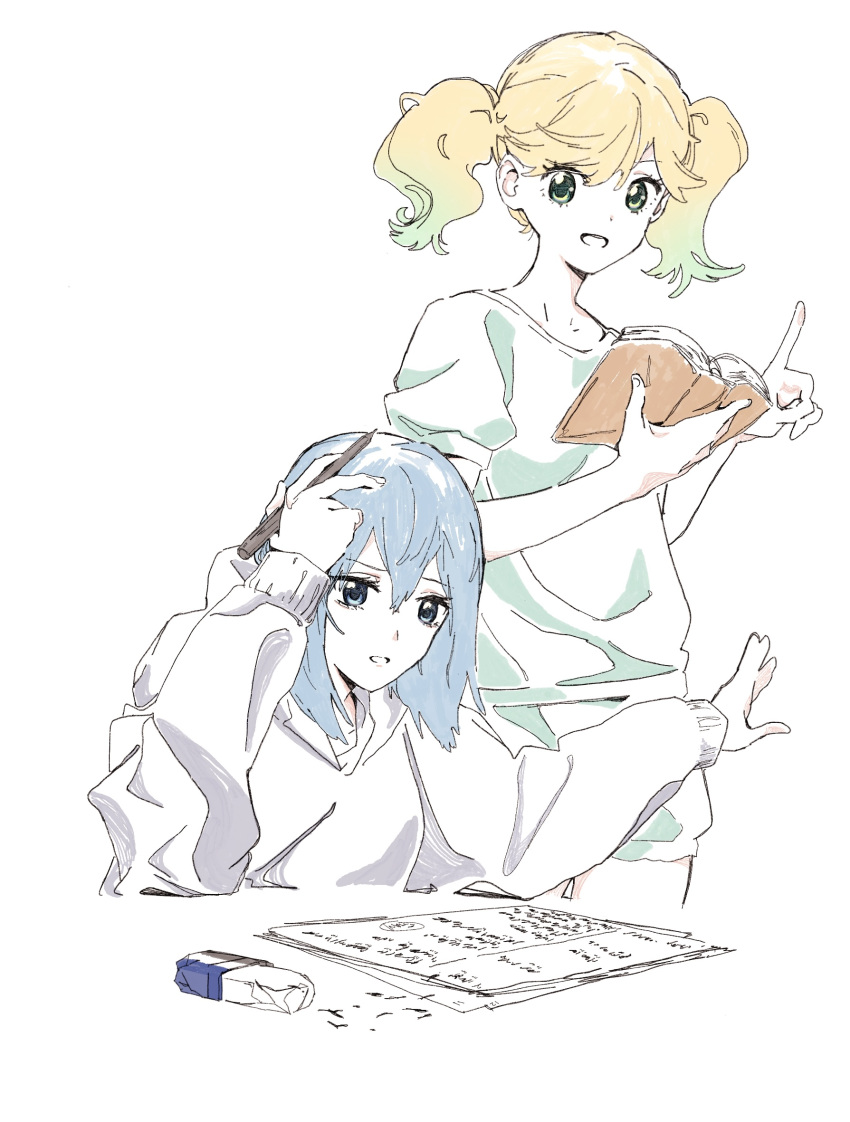 2girls :d blonde_hair bloom_into_me15 blue_eyes blue_hair book cropped_legs cropped_torso eraser eyebrows_visible_through_hair gradient_hair green_eyes green_hair green_pajamas grey_hoodie hair_between_eyes hand_on_own_head highres holding holding_book holding_pencil hood hoodie index_finger_raised kageki_shoujo!! long_hair long_sleeves multicolored_hair multiple_girls narata_ai open_mouth paper partially_colored pencil short_sleeves shorts simple_background sketch smile tired twintails watanabe_sarasa white_background
