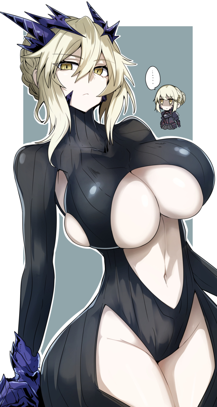 2girls artoria_pendragon_(fate) artoria_pendragon_(lancer_alter)_(fate) black_bodysuit blonde_hair bodysuit braid breasts center_opening chibi fate/grand_order fate/stay_night fate_(series) french_braid gin_moku hair_between_eyes highres horns large_breasts long_hair looking_at_viewer multiple_girls navel revealing_clothes ribbed_bodysuit saber_alter sidelocks thighs under_boob yellow_eyes