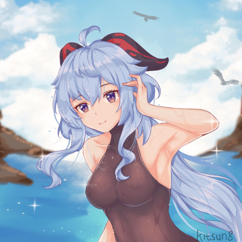 absurdres ahoge armpits bangs bird blue_hair bodice bodystocking breasts clouds commentary_request ganyu_(genshin_impact) genshin_impact highres horns kitsun8 long_hair looking_at_viewer medium_breasts sidelocks sprinkles very_long_hair violet_eyes wet wet_clothes