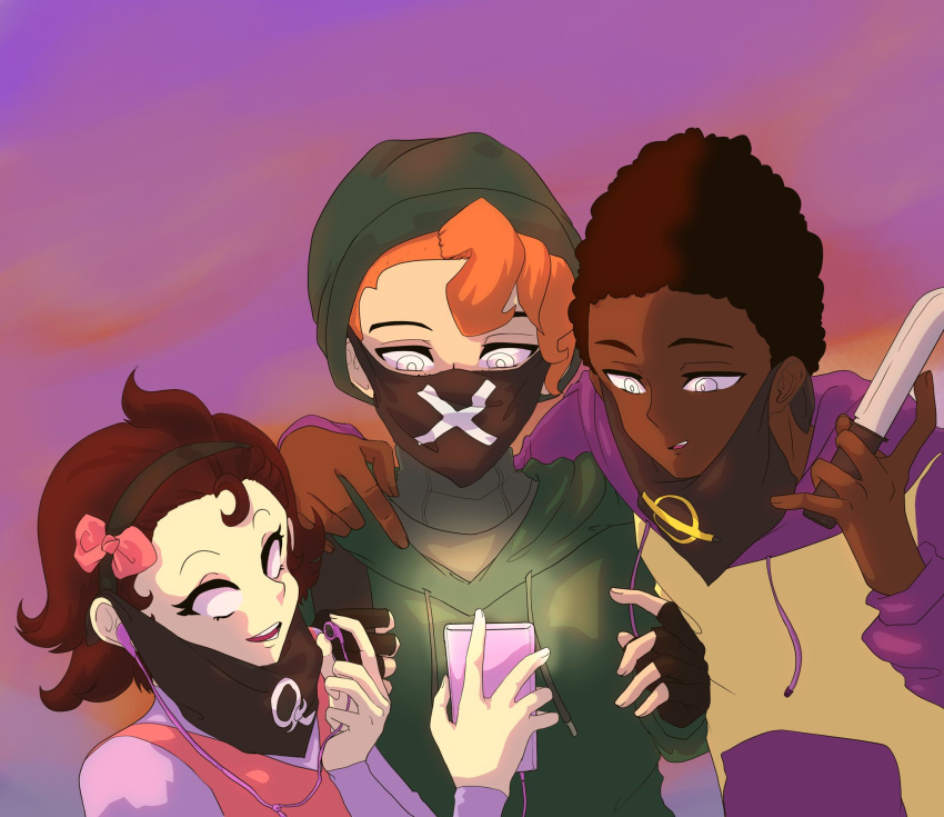 1girl 2boys alternate_universe bandana bandana_over_mouth black_bandana brown_hair cellphone dark_skin dark_skinned_male darnell_(pico's_school) disdumbassdraws empty_eyes friday_night_funkin' friday_night_funkin'_soft holding holding_cellphone holding_knife holding_phone hoodie knife multiple_boys nene_(pico's_school) orange_hair phone pico's_school pico_(pico's_school) sky white_eyes