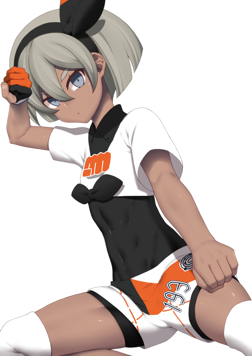 1girl absurdres bangs bea_(pokemon) black_bodysuit black_hairband bodysuit bodysuit_under_clothes bow_hairband clenched_hands closed_mouth collared_shirt commentary_request covered_abs covered_navel eyelashes gloves grey_eyes grey_hair hair_between_eyes hairband hand_up highres knee_pads legs_apart looking_at_viewer partially_fingerless_gloves pokemon pokemon_(game) pokemon_swsh print_shirt print_shorts prophecy_(rakuichimonji) shiny shiny_skin shirt short_hair short_sleeves shorts single_glove solo white_background