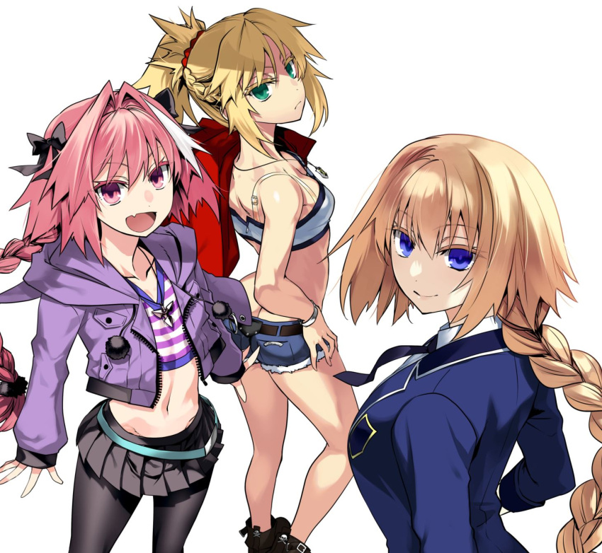 1boy 2girls astolfo_(fate) bandeau bangs bare_shoulders blonde_hair blue_eyes bow braid braided_ponytail breasts cutoffs fate/apocrypha fate_(series) french_braid green_eyes hair_bow hair_intakes hair_ornament hair_scrunchie highres ishida_akira jacket jeanne_d'arc_(fate) large_breasts long_hair long_sleeves looking_at_viewer mordred_(fate) mordred_(fate/apocrypha) multicolored_hair multiple_girls open_mouth otoko_no_ko parted_bangs pink_hair ponytail scrunchie sidelocks skirt small_breasts smile streaked_hair very_long_hair violet_eyes white_hair