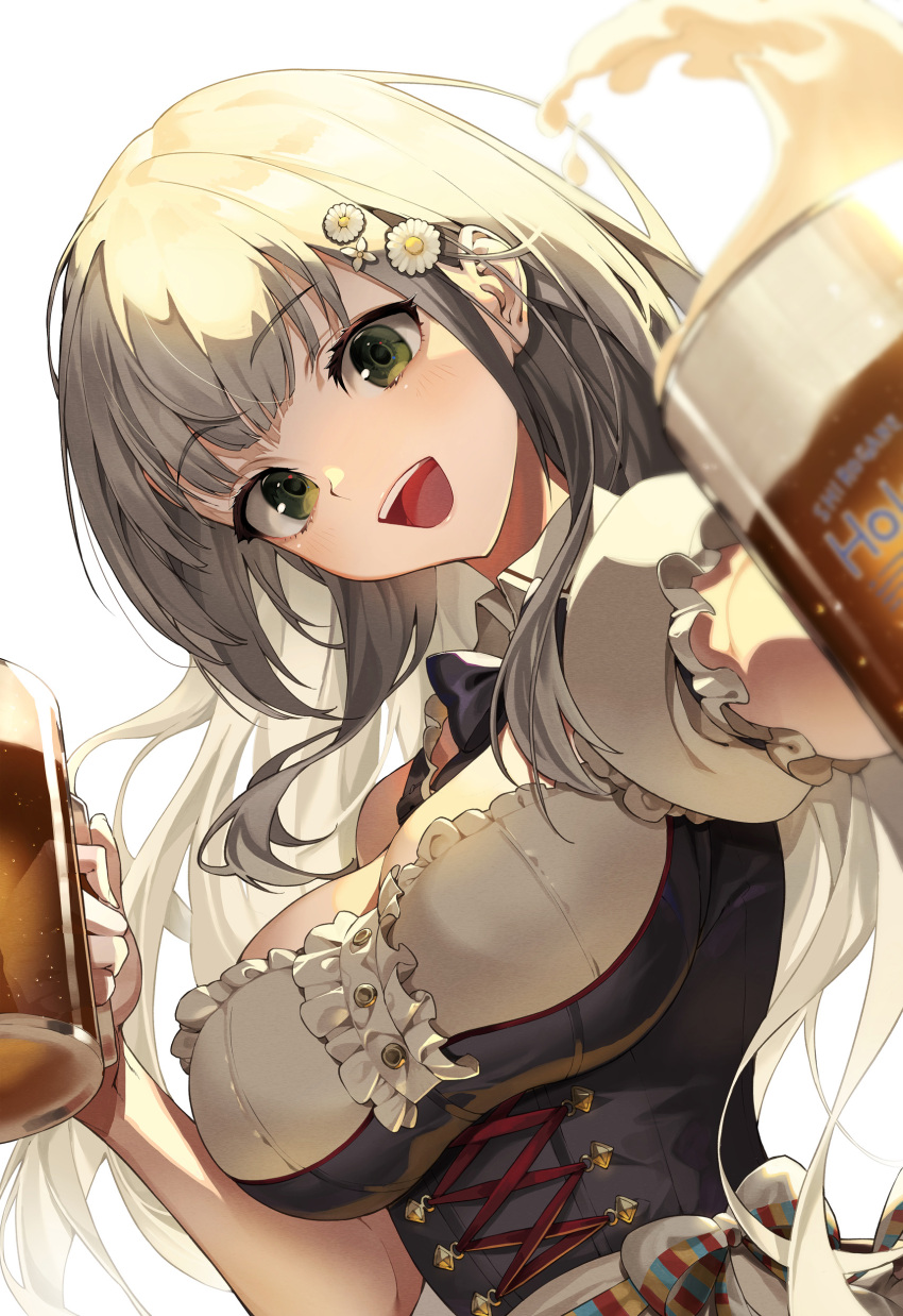 1girl :d absurdres alcohol bangs beer beer_mug breasts collared_shirt commentary_request corset cup eyebrows_visible_through_hair flower frilled_shirt frills green_eyes hair_flower hair_ornament hands_up highres holding holding_cup hololive kabu_(niniko2ko) large_breasts long_hair looking_at_viewer mug official_alternate_costume open_mouth outstretched_arm shirogane_noel shirt silver_hair simple_background smile solo teeth upper_body upper_teeth virtual_youtuber white_background white_flower white_shirt