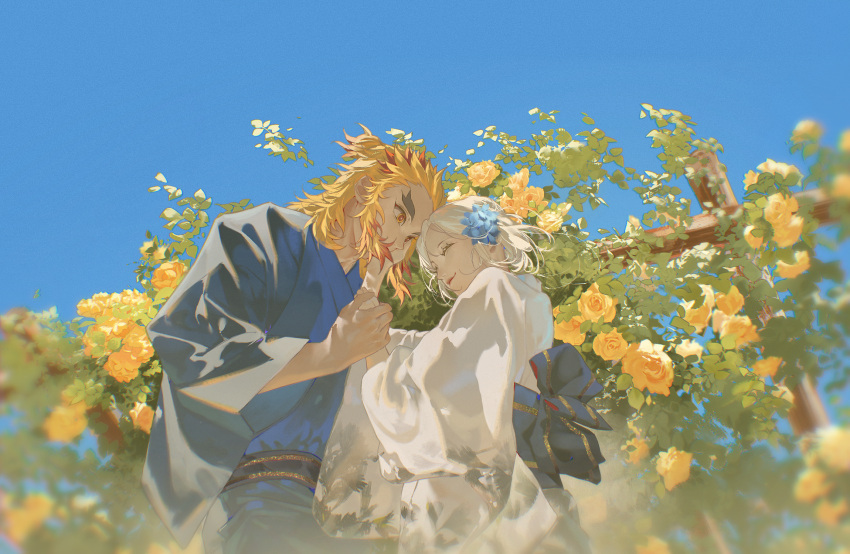 1boy 1girl bangs blonde_hair blue_flower blue_kimono blue_sky closed_eyes closed_mouth couple fence flower from_below hair_flower hair_ornament hand_on_another's_cheek hand_on_another's_face hetero highres hitotaba japanese_clothes kimetsu_no_yaiba kimono long_hair multicolored_hair parted_bangs redhead rengoku_kyoujurou rose short_hair silver_hair sky two-tone_hair white_kimono yellow_eyes yellow_flower yellow_rose