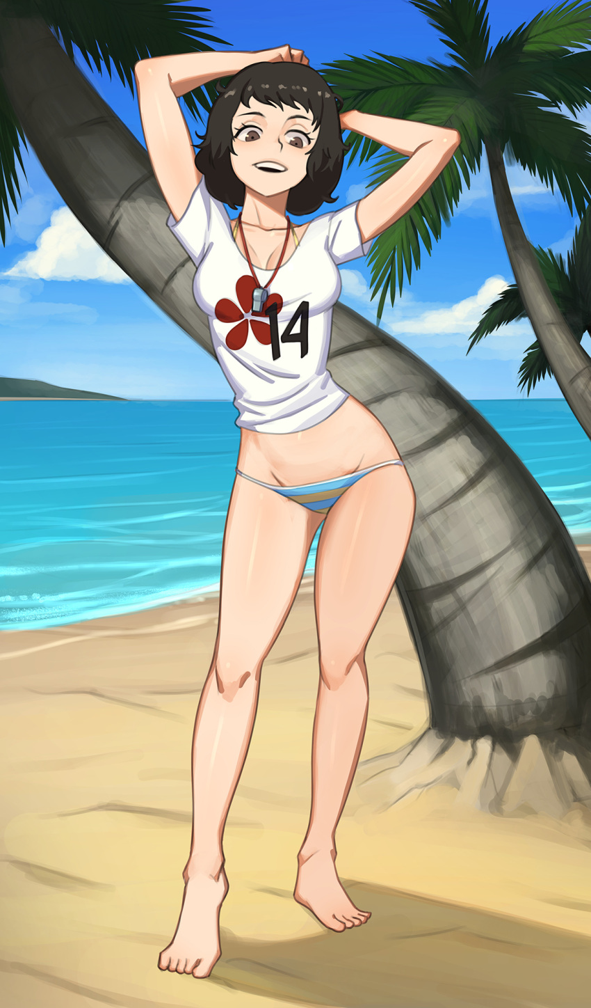 1girl :d arms_behind_head bangs barleyshake beach bikini black_hair blue_sky breasts brown_eyes brown_hair clouds cloudy_sky commentary commission full_body highres kawakami_sadayo open_mouth palm_tree persona persona_5 shirt short_hair short_sleeves sky smile solo standing striped striped_bikini swimsuit tree whistle whistle_around_neck