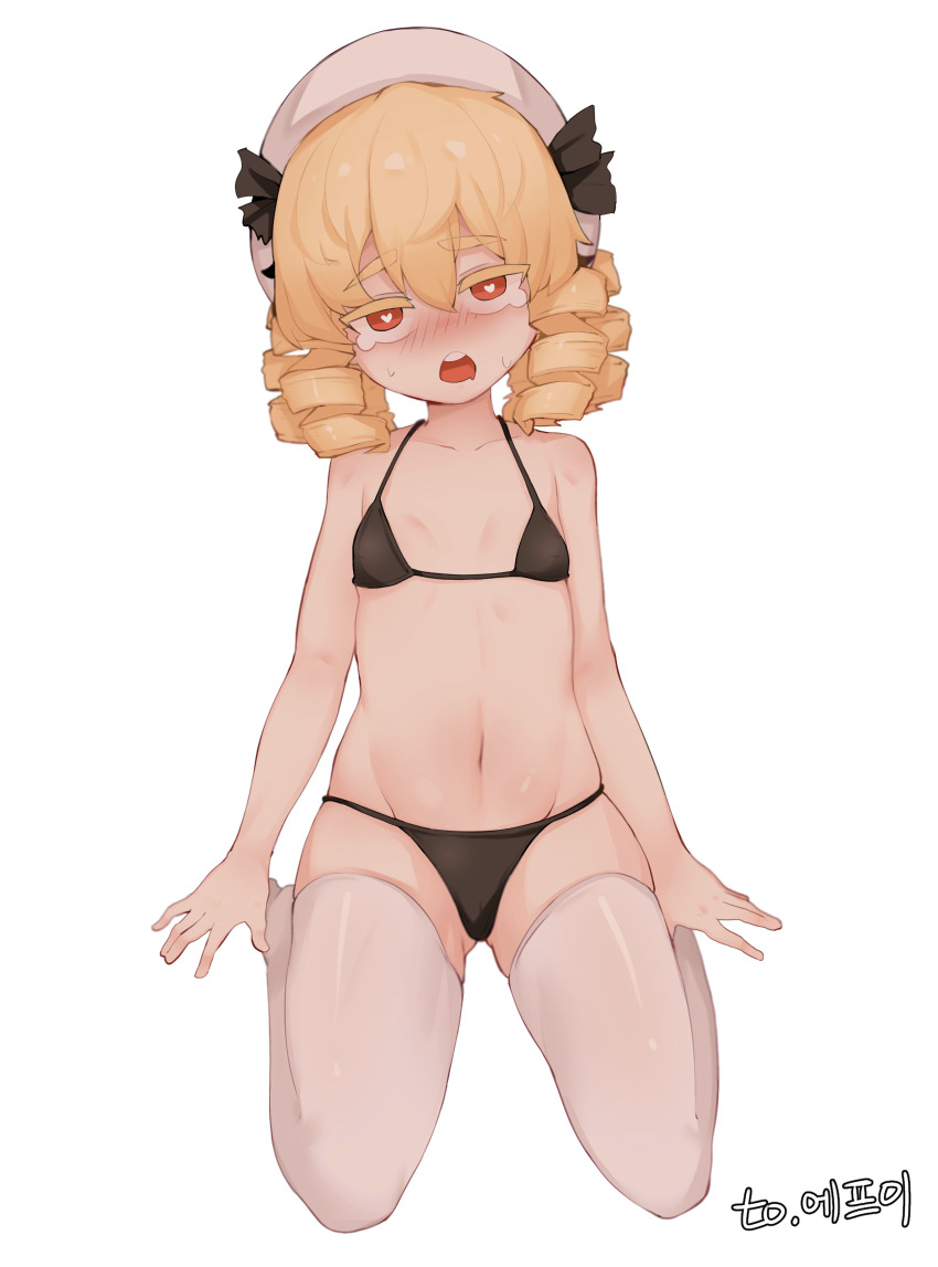 1girl \||/ ass_visible_through_thighs bangs bare_shoulders beret bikini black_bikini blonde_hair blurry blush bright_pupils collarbone commentary_request depth_of_field doro_au drill_hair eyebrows_visible_through_hair flat_chest full_body groin hair_between_eyes half-closed_eyes hat head_tilt heart heart-shaped_pupils highres looking_at_viewer luna_child medium_hair mouth_drool navel no_wings nose_blush open_mouth red_eyes round_teeth seiza simple_background sitting solo sweat swimsuit symbol-shaped_pupils tearing_up teeth thick_eyebrows thigh-highs touhou upper_body white_background white_headwear white_legwear white_pupils