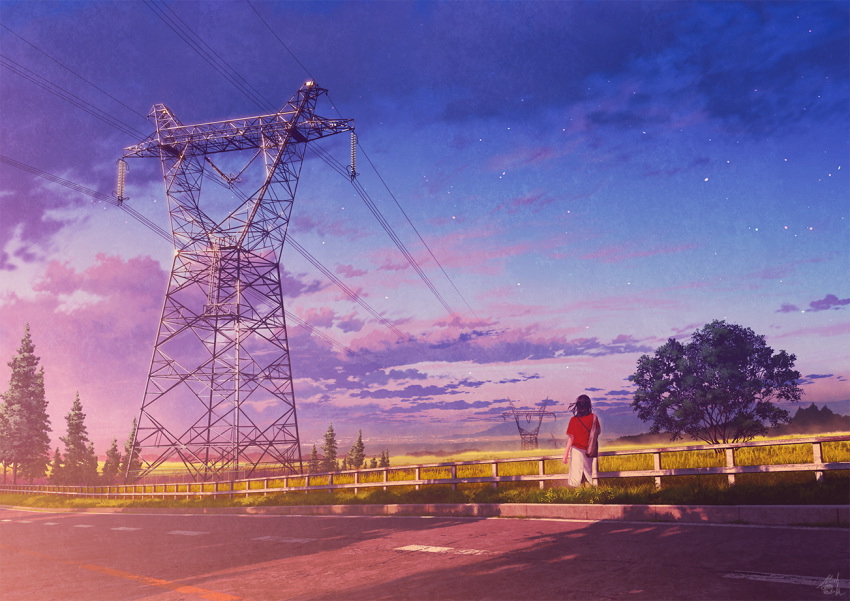 1girl bag black_hair clouds commentary_request fence field grass landscape mocha_(cotton) mountain original pine_tree power_lines red_shirt road scenery shirt short_sleeves signature skirt sky solo standing star_(sky) tree white_skirt