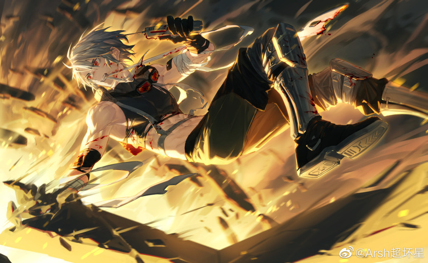 1boy abs action arsh_(thestarwish) bandaged_arm bandages bare_shoulders black_gloves black_shirt blood blood_on_face boots chinese_commentary commentary_request detonator explosion full_body girls'_frontline_neural_cloud girls_frontline gloves goggles goggles_around_neck grey_hair highres holding knee_pads looking_back male_focus midriff mouth_hold muscular muscular_male navel octogen_(girls'_frontline_nc) pants red_eyes shirt short_hair sleeveless sleeveless_shirt solo weibo_username