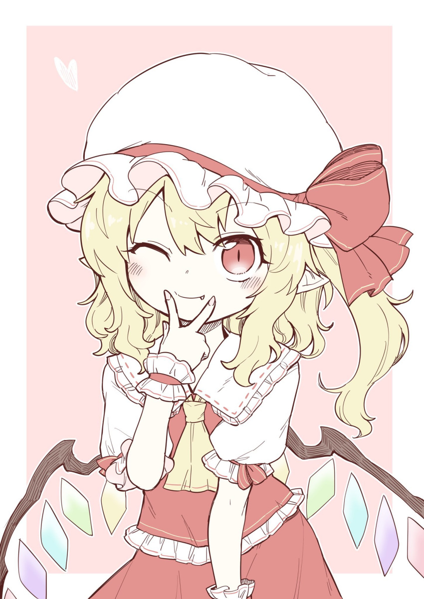 1girl ascot bangs blonde_hair blush border bow closed_mouth commentary_request crystal eyebrows_visible_through_hair eyebrows_visible_through_hat fang fang_out flandre_scarlet frilled_shirt_collar frills hair_between_eyes hat hat_bow highres long_hair looking_at_viewer mob_cap one_eye_closed one_side_up oninamako outside_border pink_background puffy_short_sleeves puffy_sleeves red_bow red_eyes red_skirt red_vest short_sleeves simple_background skirt slit_pupils smile solo touhou upper_body v_over_mouth vest white_border white_headwear wings yellow_neckwear