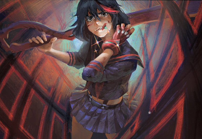 1girl 5ummer_704 bangs black_hair blood blood_on_face blue_shirt blue_skirt fingerless_gloves gloves grey_eyes hand_on_own_neck highres holding holding_weapon kill_la_kill matoi_ryuuko midriff multicolored_hair neckerchief perspective pleated_skirt red_gloves red_neckwear sailor_collar school_uniform scissor_blade scratches senketsu serafuku shirt short_hair skirt solo sparkle streaked_hair suspender_skirt suspenders upper_body weapon