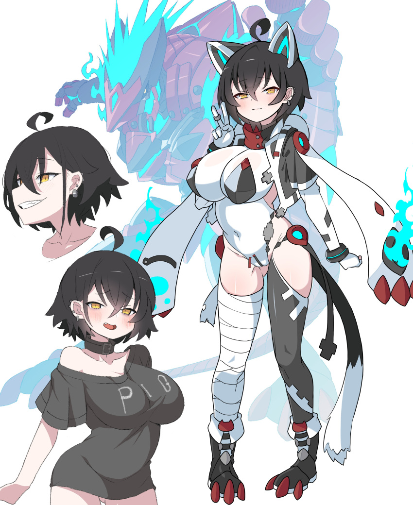 1girl :d absurdres ahoge animal_ears belt_collar black_hair black_shirt blush cat_ears closed_mouth clothes_writing collar covered_navel ear_piercing earrings fang gloves grin hair_between_eyes highres inukaze_yamu jewelry leotard looking_at_viewer mecha mechanical_ears multiple_views off_shoulder open_mouth original piercing pigeon-toed print_shirt shirt smile v white_gloves white_leotard yellow_eyes
