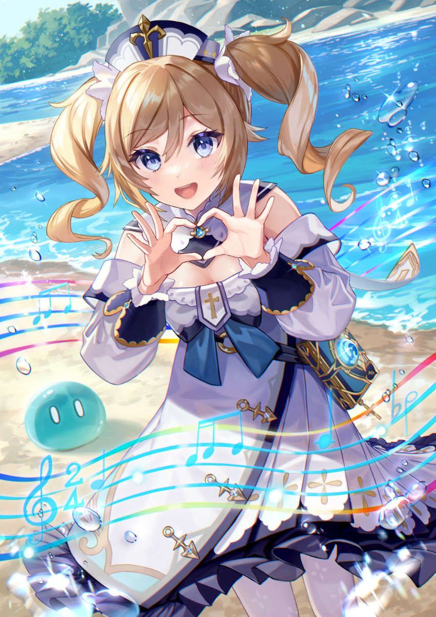 1girl :d barbara_(genshin_impact) beach blonde_hair blue_eyes blush bow bowtie day detached_collar dress drill_hair frilled_dress frills genshin_impact hat heart heart_hands highres latin_cross long_sleeves looking_at_viewer maica_sunahara musical_note ocean open_mouth outdoors pantyhose slime_(genshin_impact) smile solo twin_drills twintails white_dress white_legwear