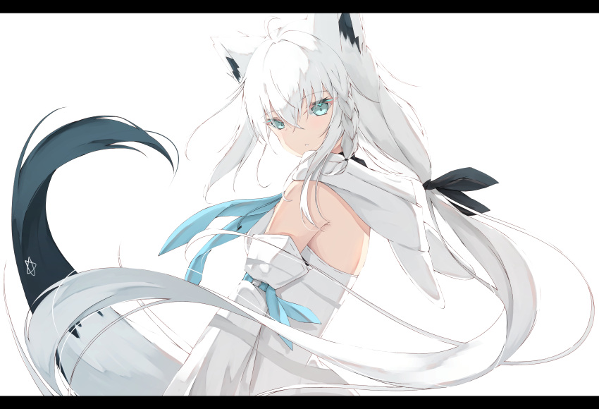 1girl absurdres ahoge animal_ear_fluff animal_ears bangs black_bow blue_neckwear bow braid breasts detached_sleeves english_commentary eyebrows_visible_through_hair floating_hair fox_ears fox_girl fox_tail green_eyes hair_between_eyes hair_bow highres hololive hood hoodie long_hair looking_at_viewer looking_back neckerchief pentagram shirakami_fubuki sidelocks simple_background single_braid small_breasts solo sumishi_(sumisi_3) tail virtual_youtuber white_background white_hair white_hoodie